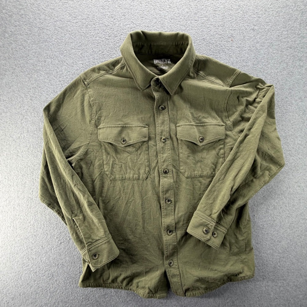 Duluth Trading Co Mens Large Olive Green Cotton Button Up Work Shirt 106803